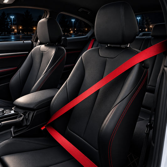 Red seat belt webbing fitted to a car seat