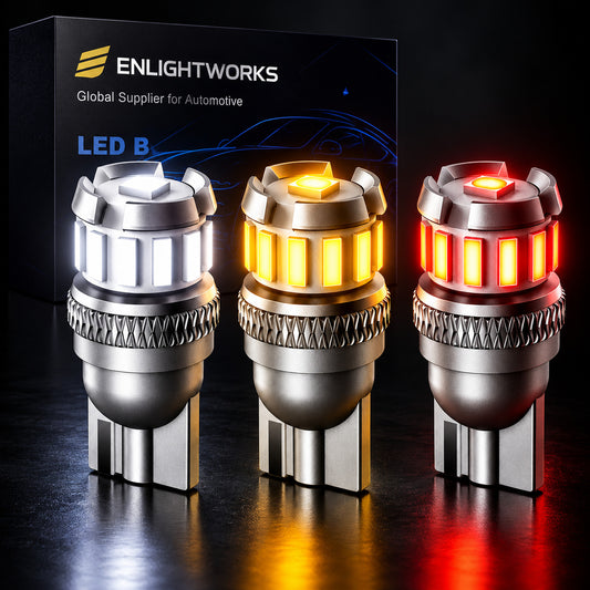 T10 W5W LED bulbs lit in white, yellow and red