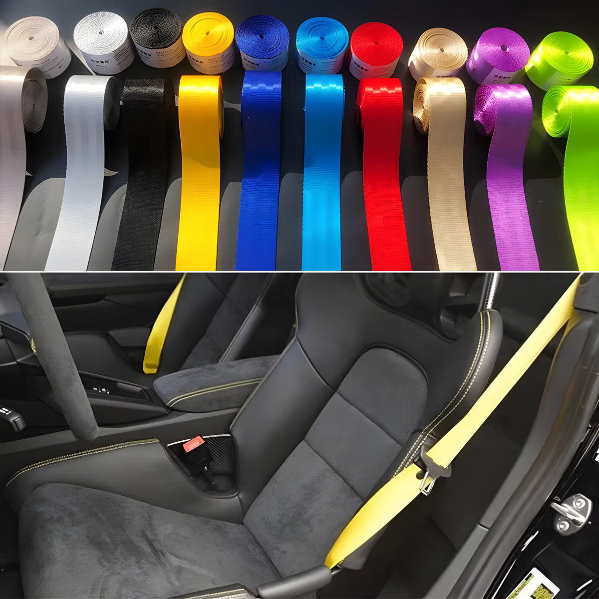 Coloured seat belt webbing rolls and a yellow seat belt fitted in a car