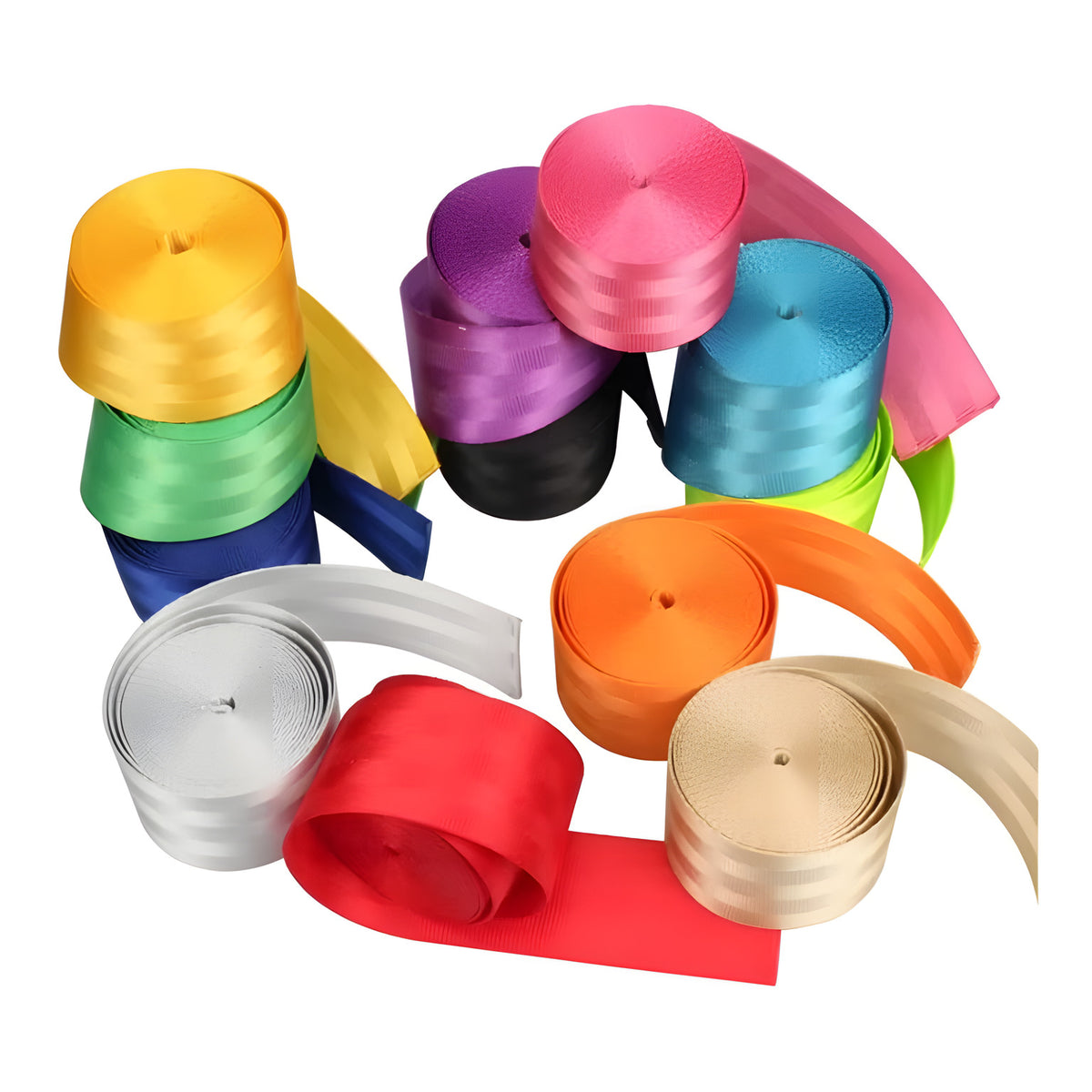 Seat belt webbing rolls in a range of colours