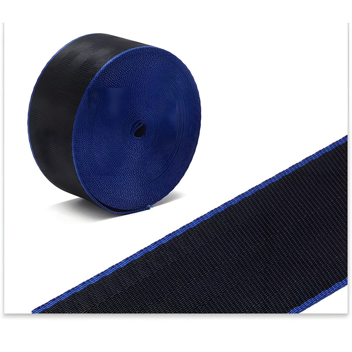 Black seat belt webbing with blue edges