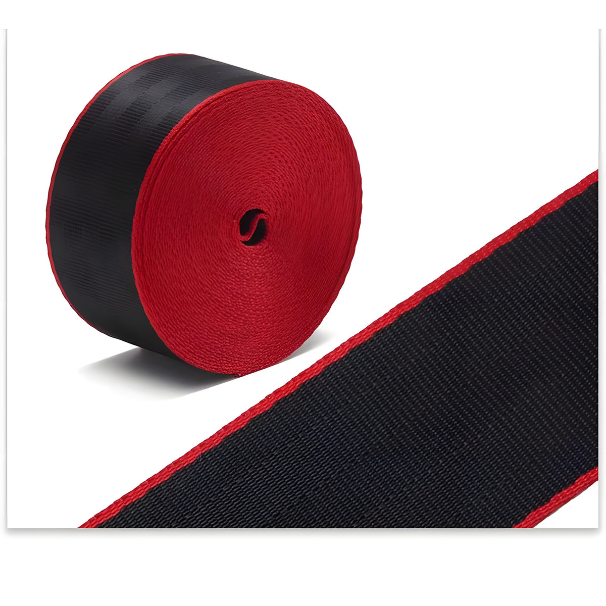 Black seat belt webbing with red edges