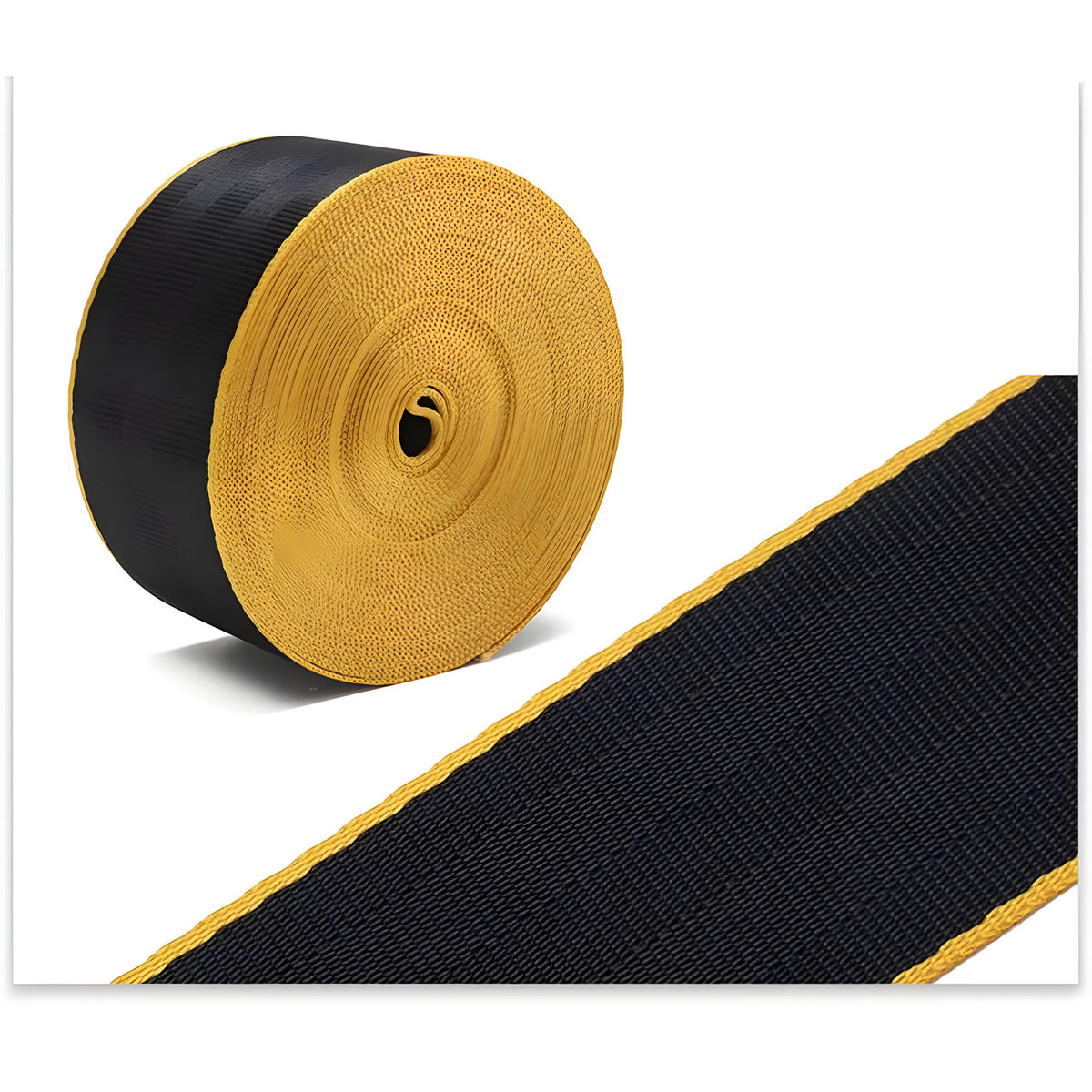 Black seat belt webbing with yellow edges