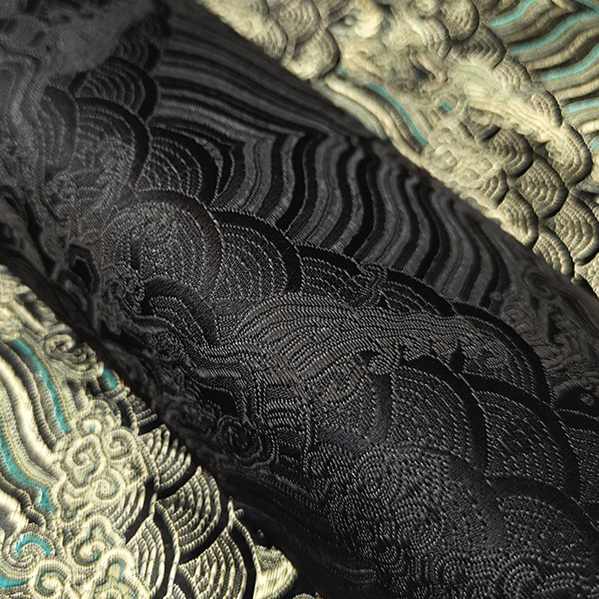 Close-up of the black embroidered wrap's wave pattern