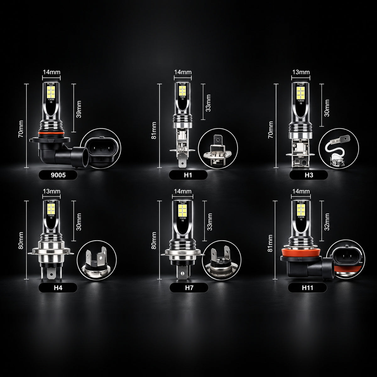 H-Series LED bulbs in 9005, H1, H3, H4, H7 and H11 with sizes