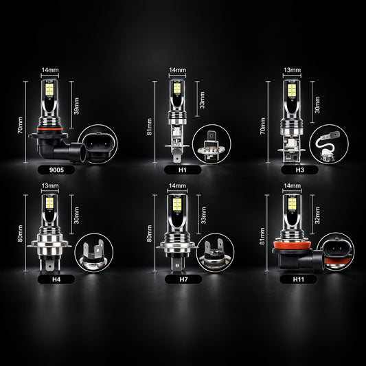 H-Series LED bulbs in 9005, H1, H3, H4, H7 and H11 with sizes