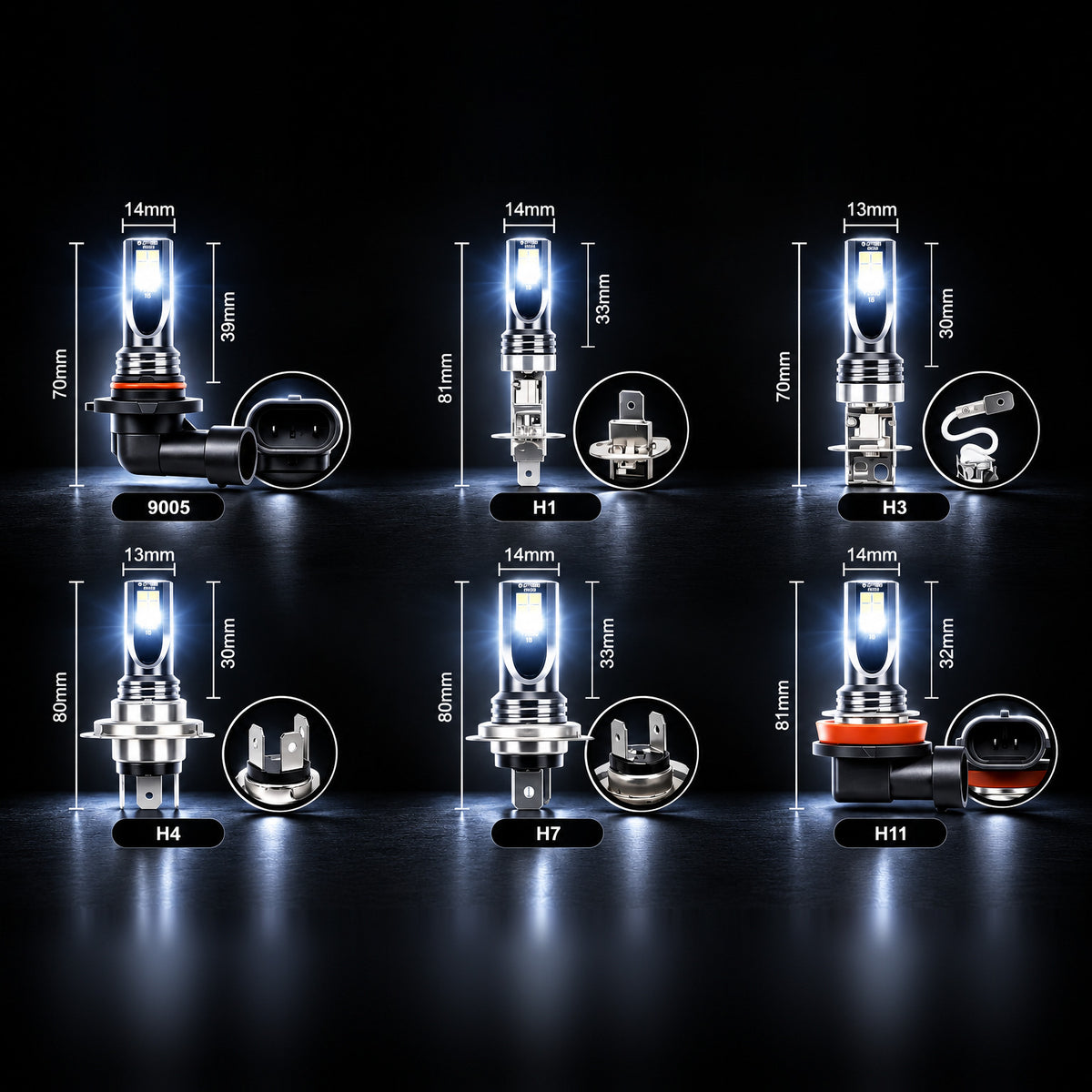 H-Series LED bulbs lit up in 9005, H1, H3, H4, H7 and H11