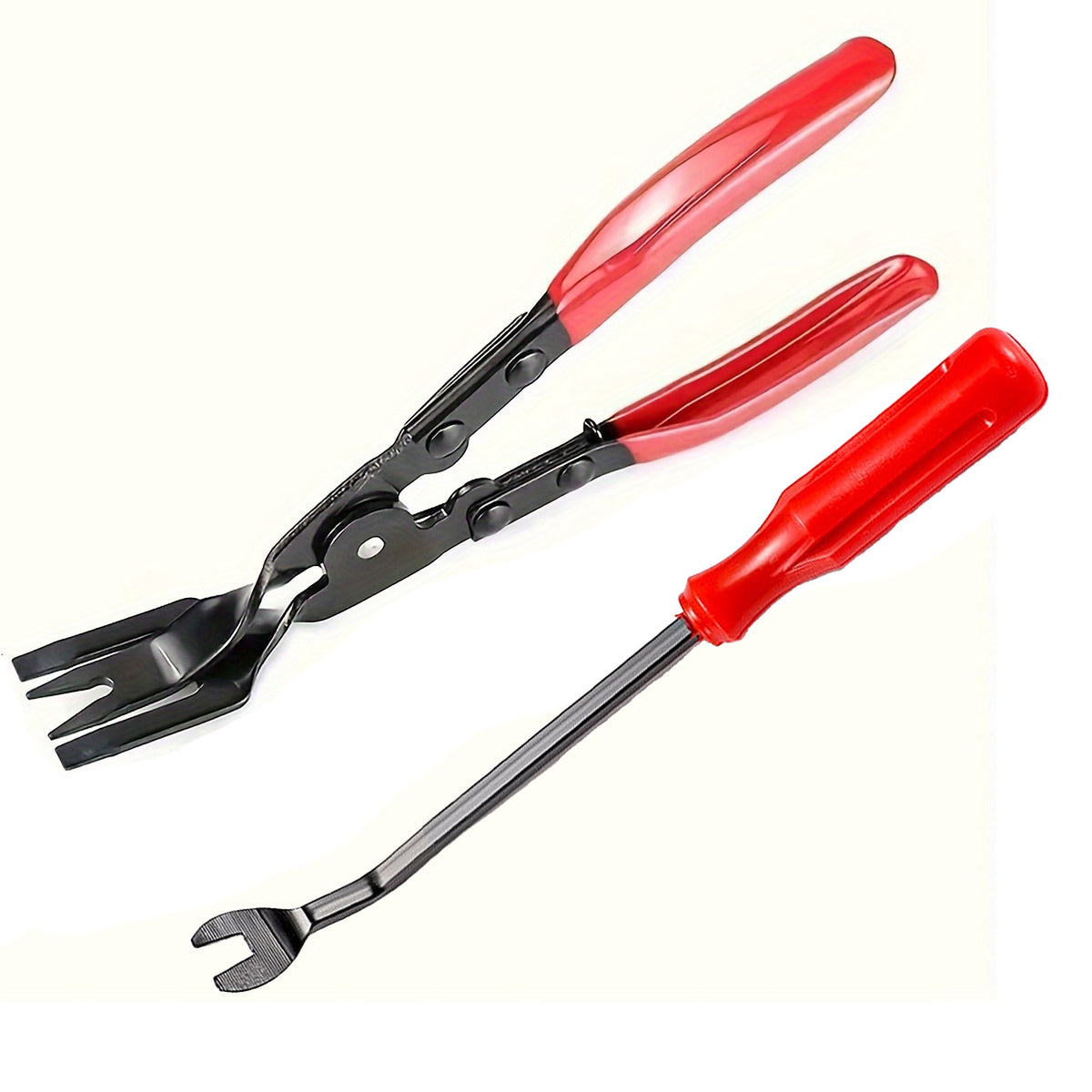 Clip removal pliers with forked clip screwdriver