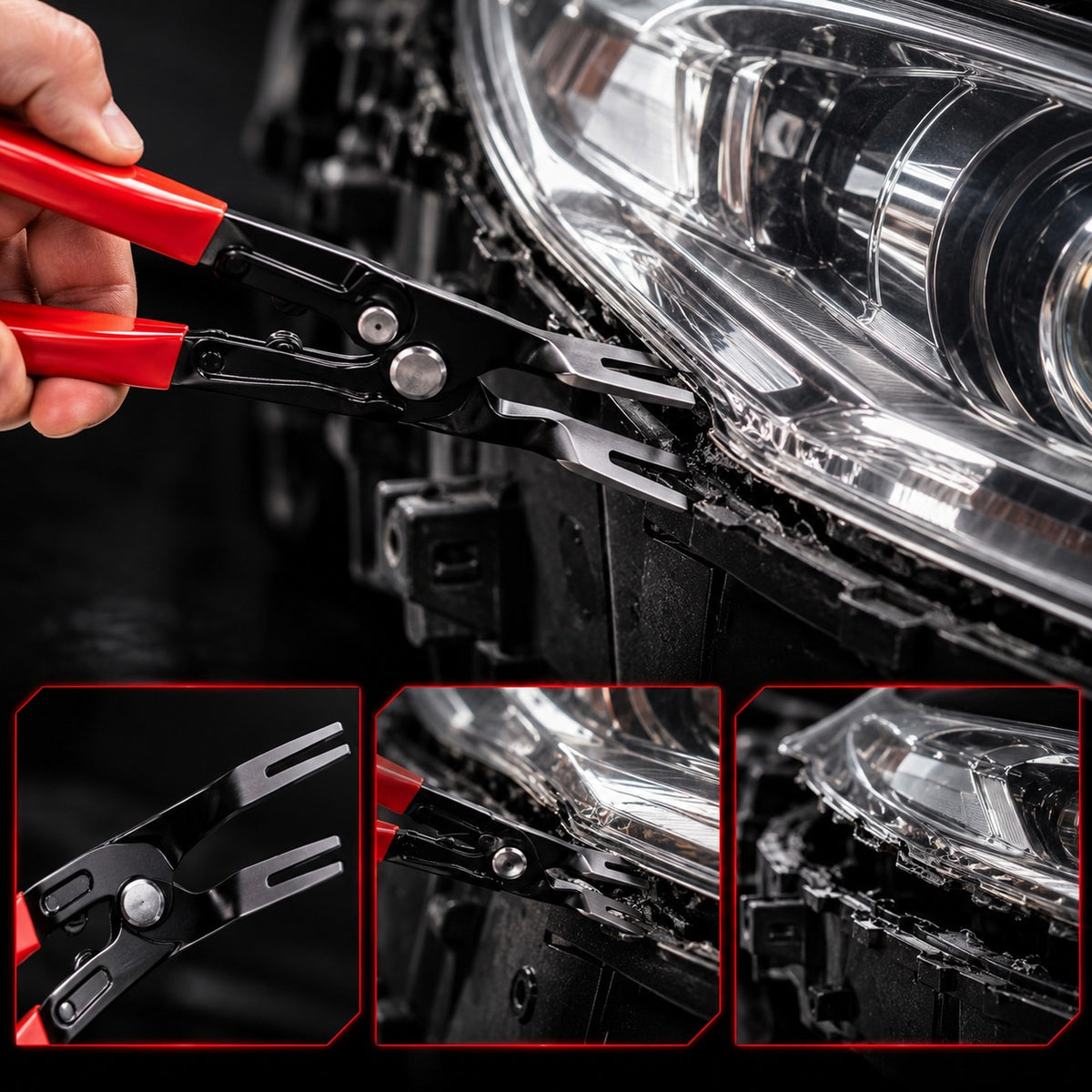 Headlight clip pliers removing clips around a headlight