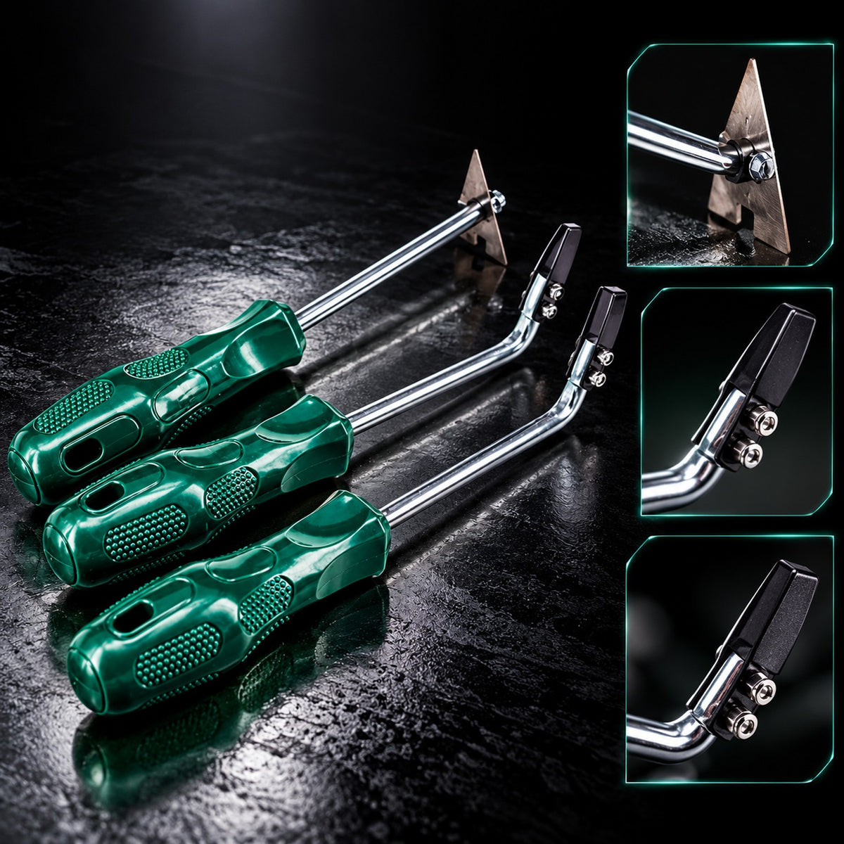 Headlight opening tool kit with triangular glue blade and angled glue tools
