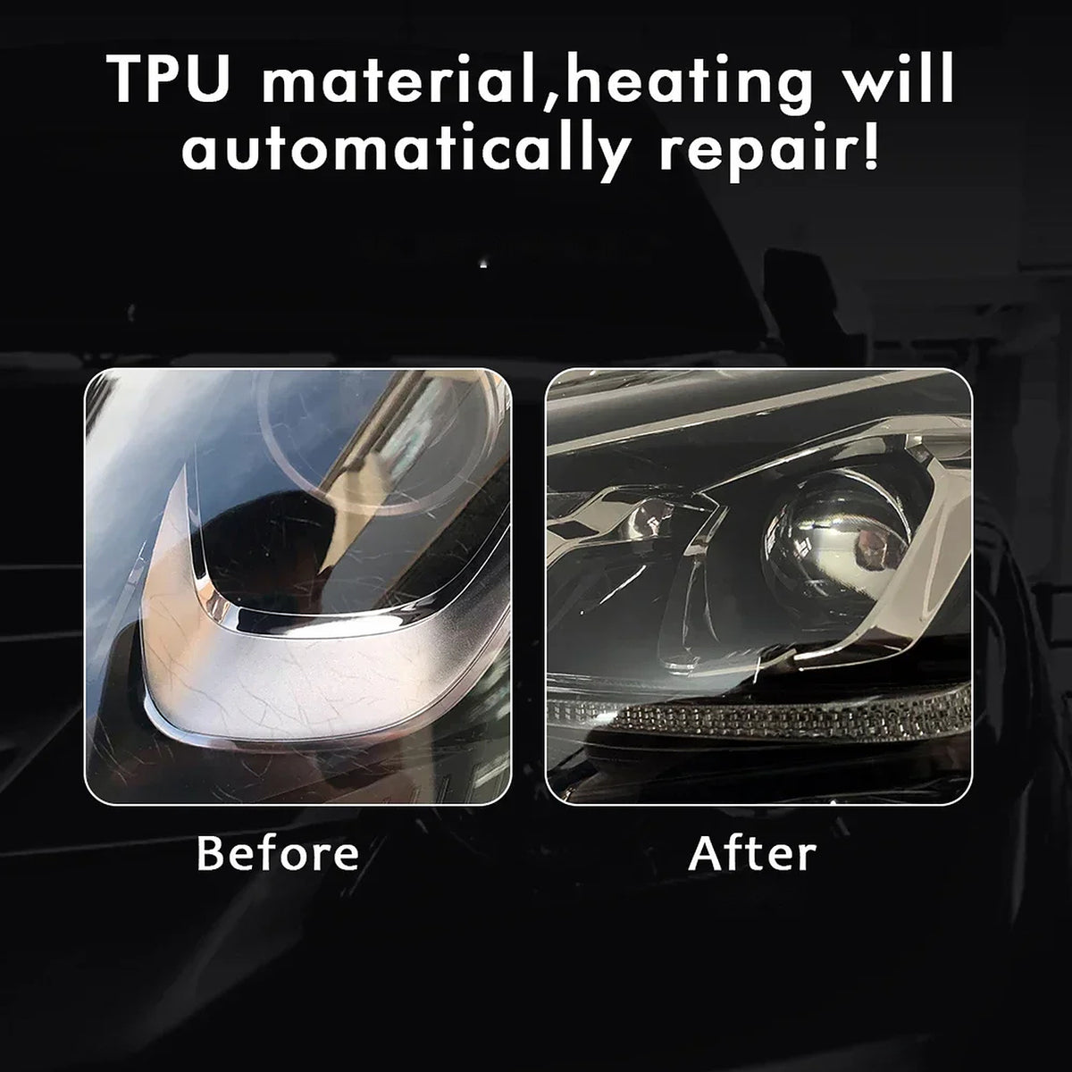 Headlight lens before and after the self-healing top coat is heated