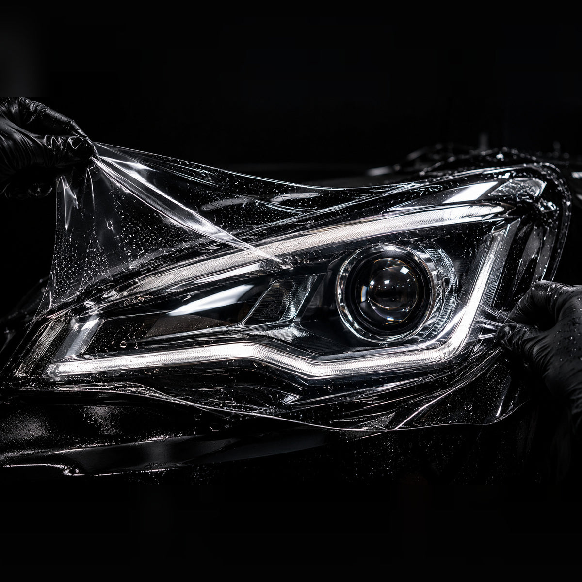 Clear protection film being applied to a headlight