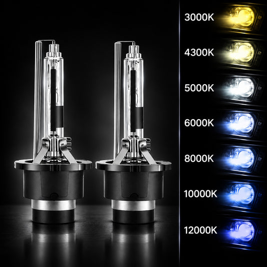 Pair of HID xenon headlight bulbs with colour temperature chart