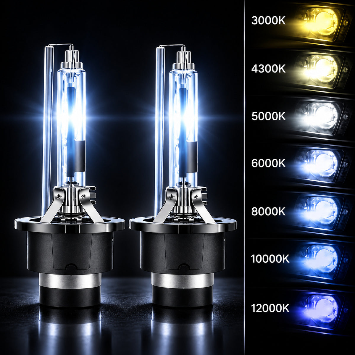 HID xenon headlight bulbs lit up with colour temperature chart