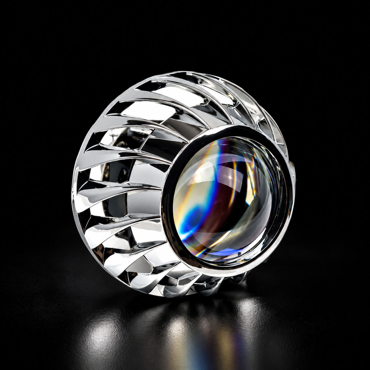 iilumo Mini Turbine shroud in chrome on a 2.5" projector