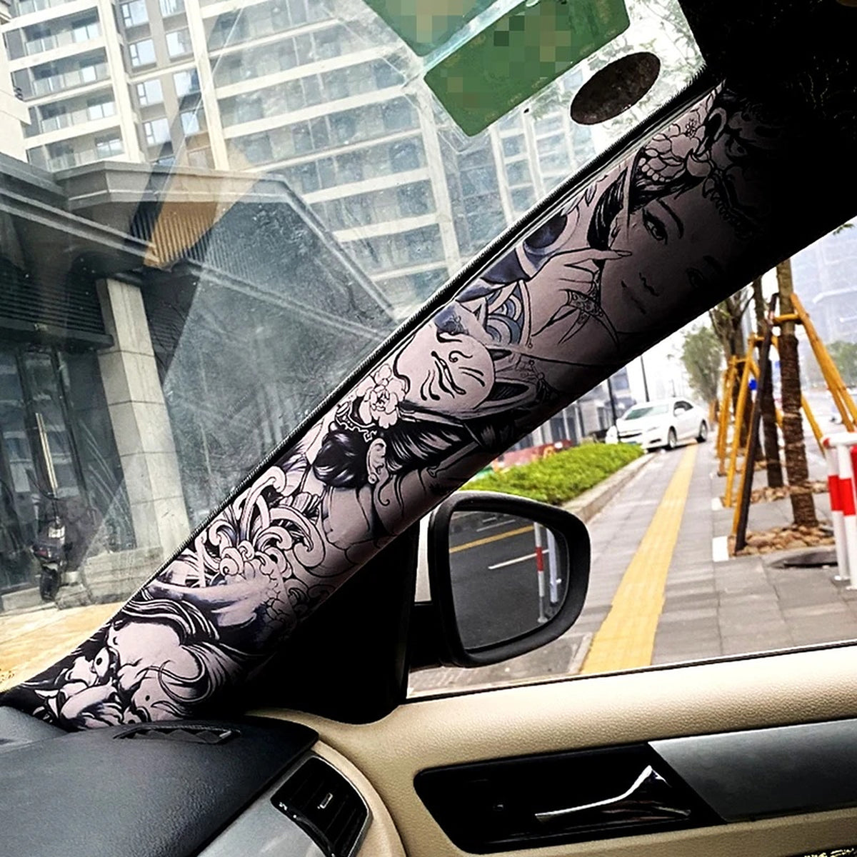 Geisha and Hannya print decal fitted to a car A-pillar