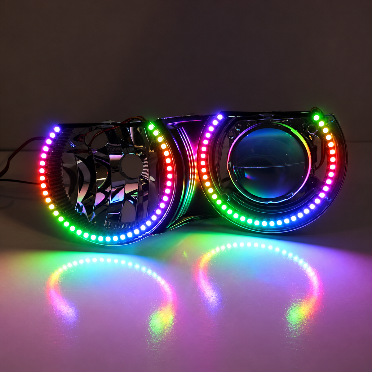 RGBHaloKits semi circle halos lit in a pair of headlights