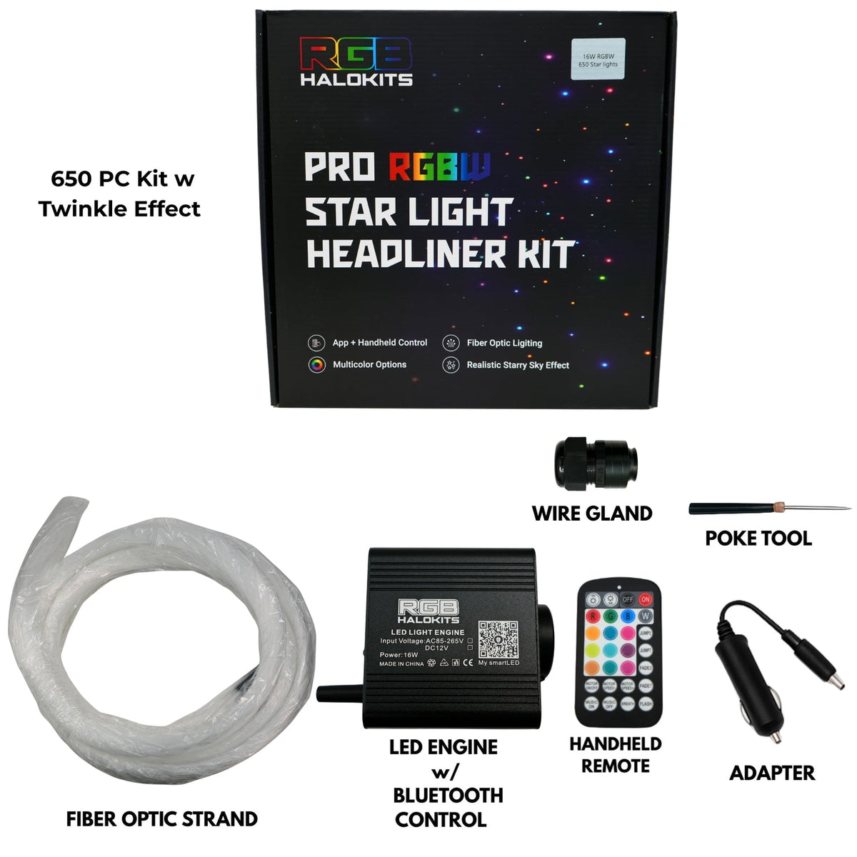 RGBHaloKits Pro starlight headliner kit, 650 star kit contents
