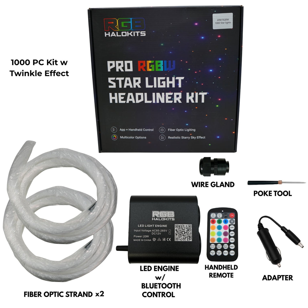 RGBHaloKits Pro starlight headliner kit, 1,000 star kit contents