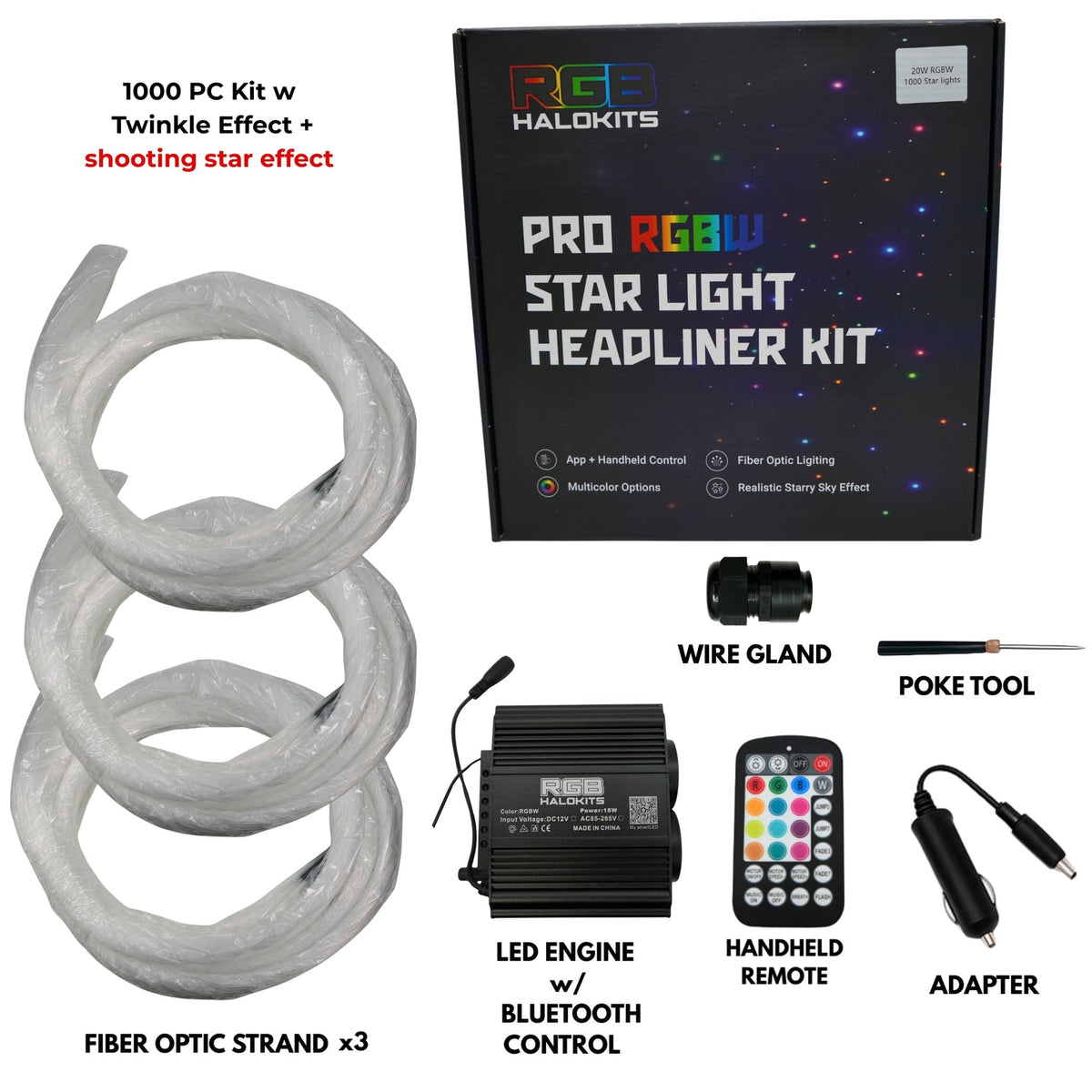 RGBHaloKits Pro starlight headliner kit, 1,000 star shooting star kit contents