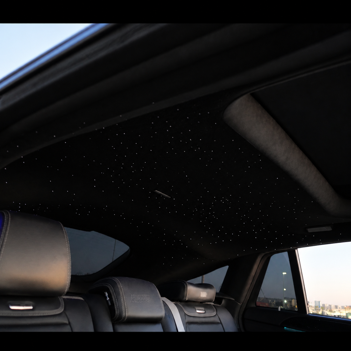 Car headliner fitted with the RGBHaloKits starlight kit, lights off