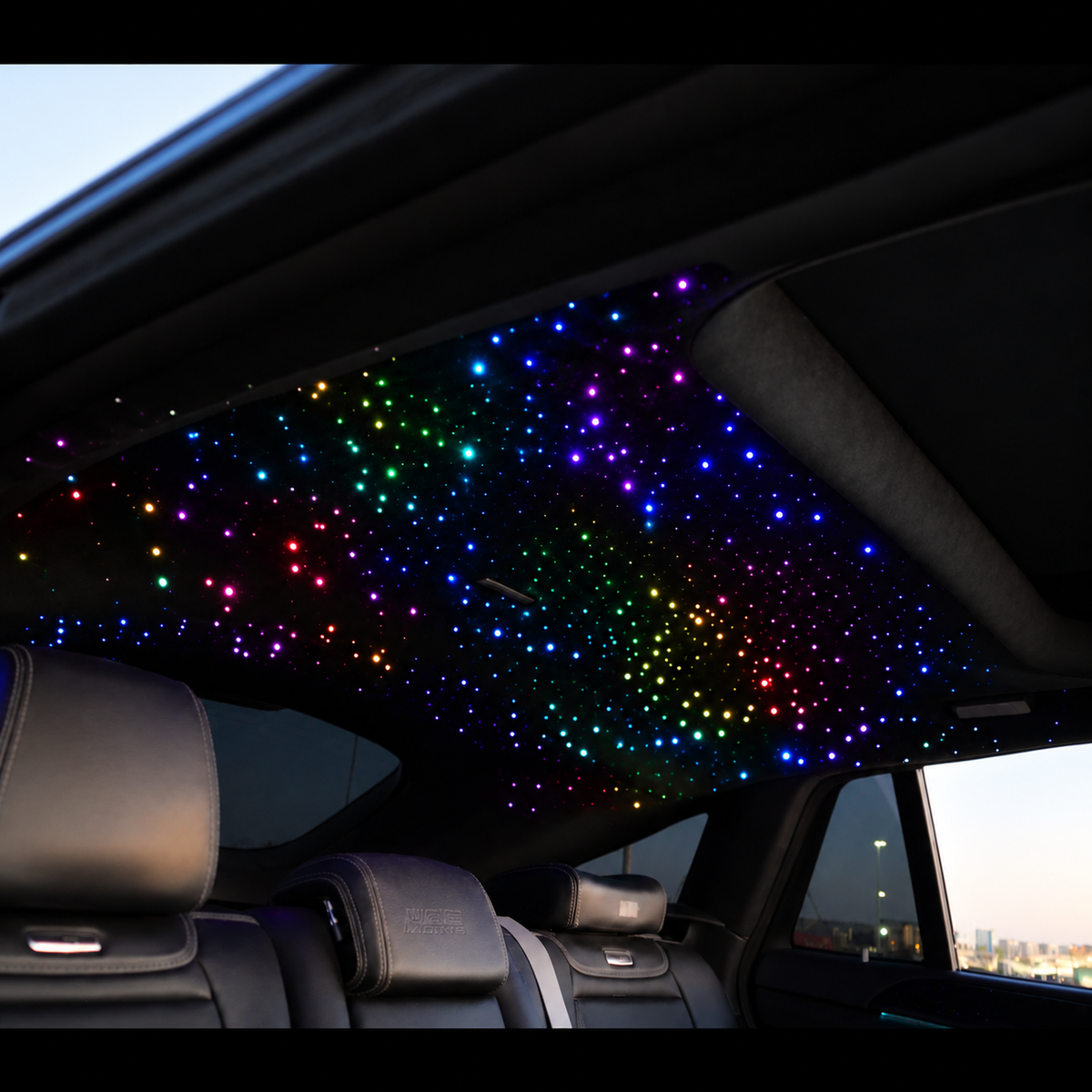 RGBHaloKits starlight headliner lit up in multiple colours