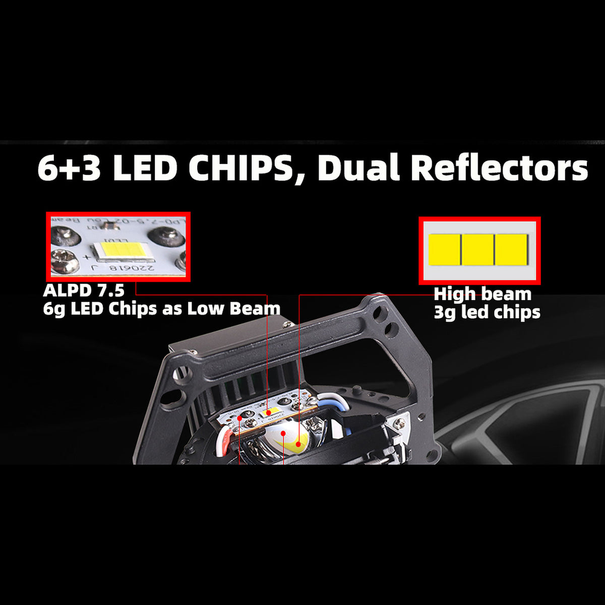 Low beam and high beam LED chips with dual reflectors