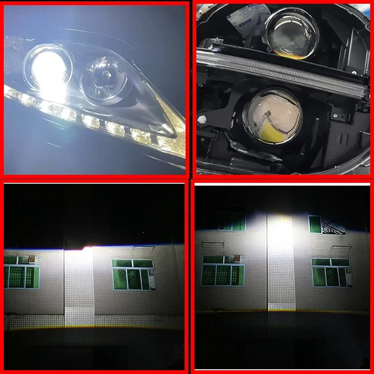 Projector fitted in a headlight, with the beam before and after
