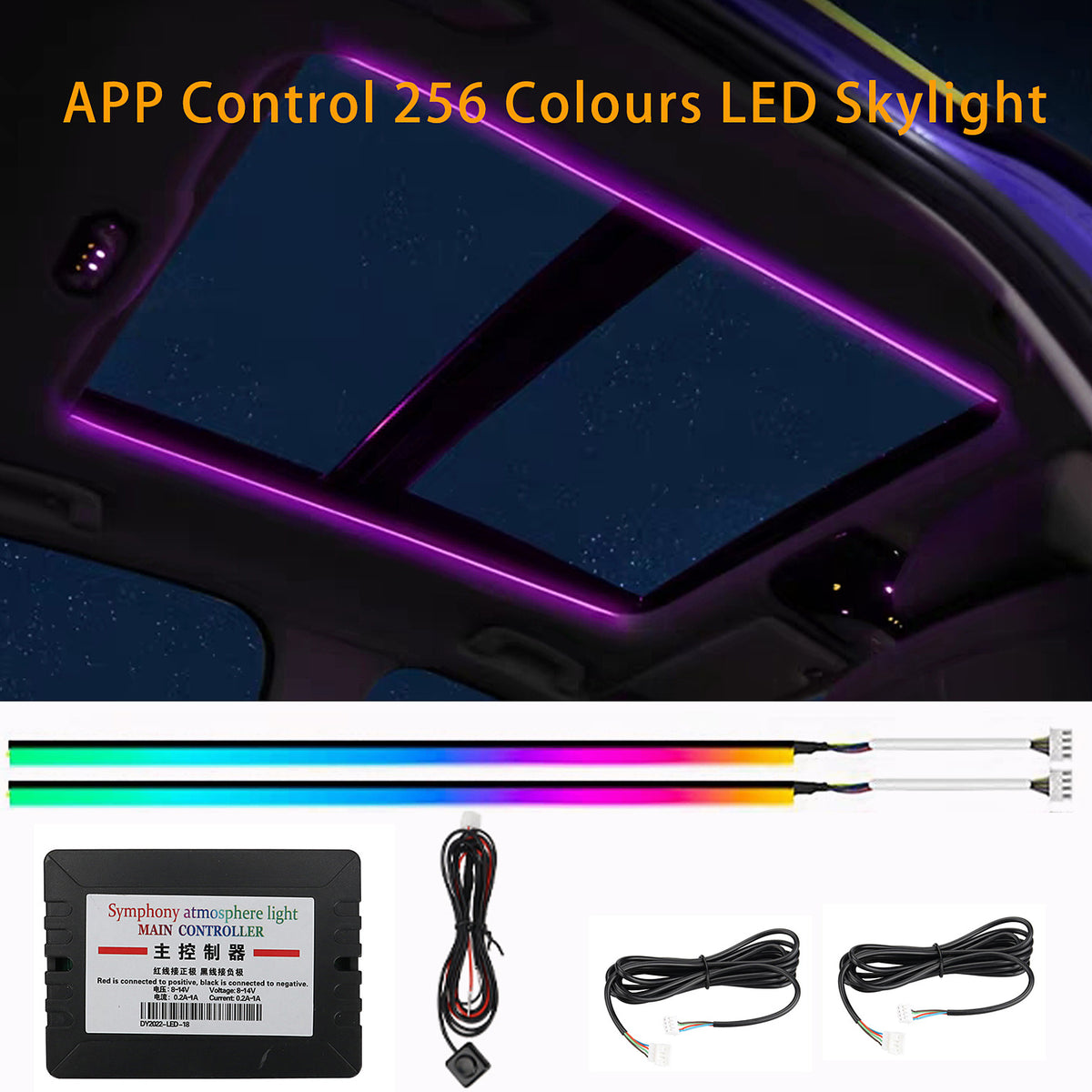 Panoramic sunroof framed by glowing RGB light strips, with the hardwired kit contents