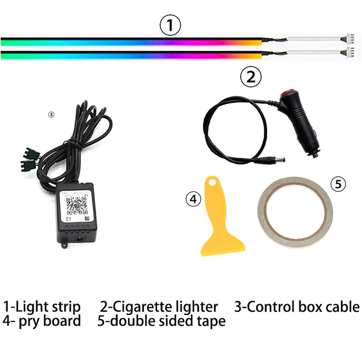 12V socket plug version: light strips, control box, power lead, pry tool and tape