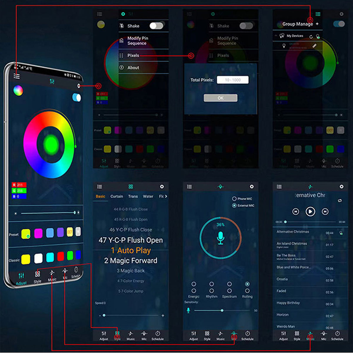 Bluetooth app screens for colours, effects and music mode