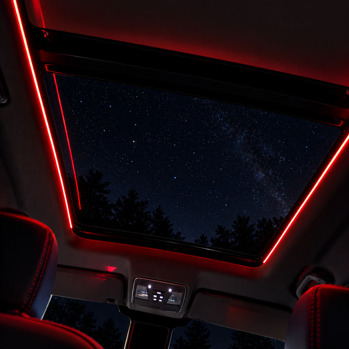 Panoramic sunroof lit with red ambient light strips
