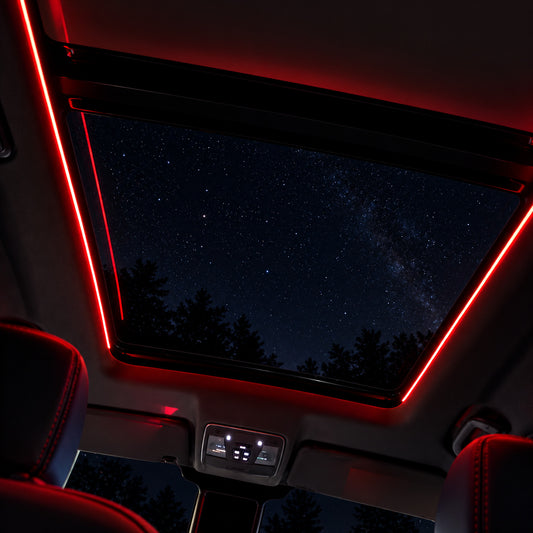 Panoramic sunroof lit with red ambient light strips