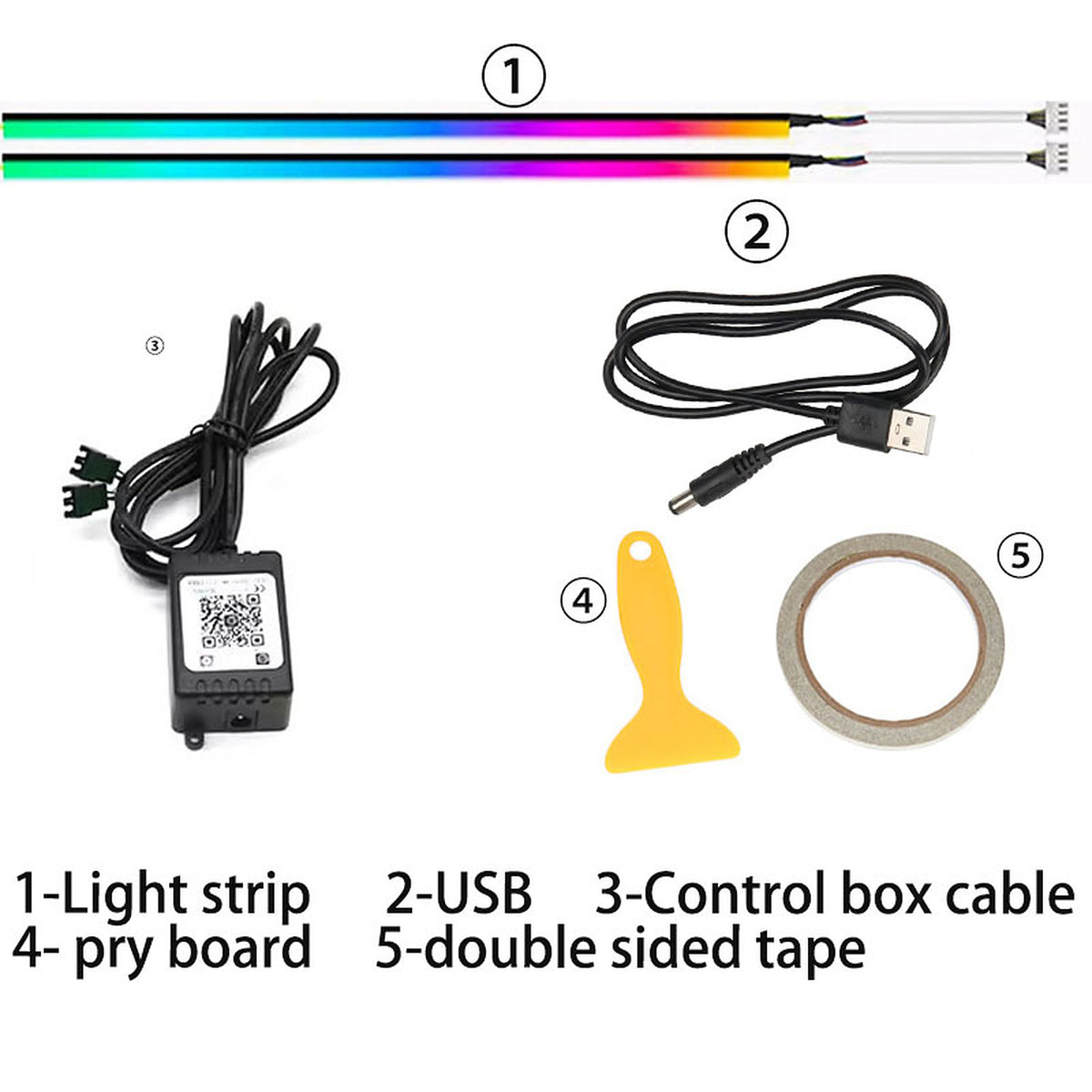 USB version: light strips, control box, USB lead, pry tool and tape