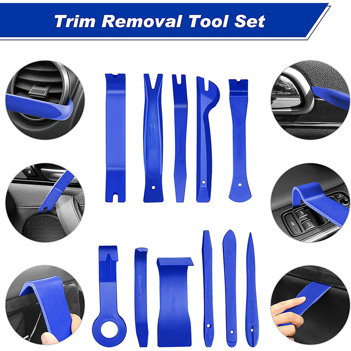 Plastic trim removal tools shown in use on vent, door and dash trims