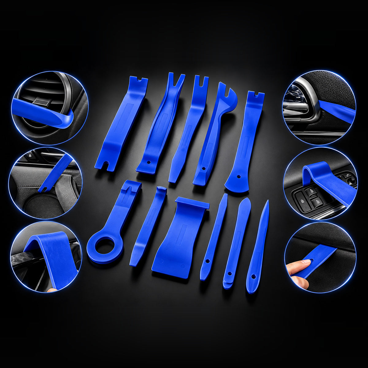 Blue trim removal tools with examples of them in use
