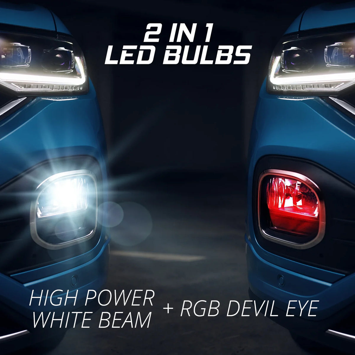 XKGlow 2-in-1 bulbs with a white beam and RGB devil eye