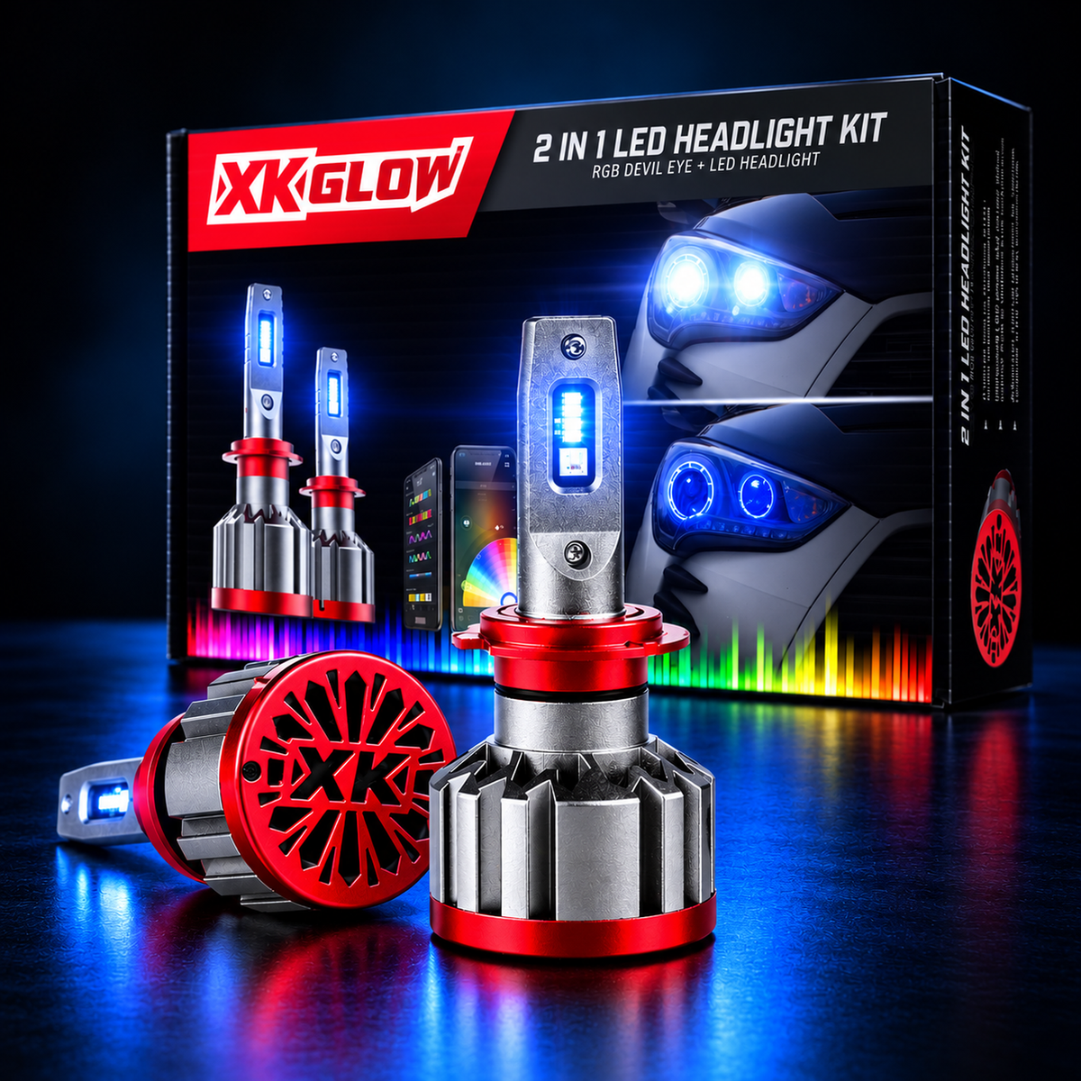 XKGlow 2-in-1 LED bulbs with a blue devil eye glow