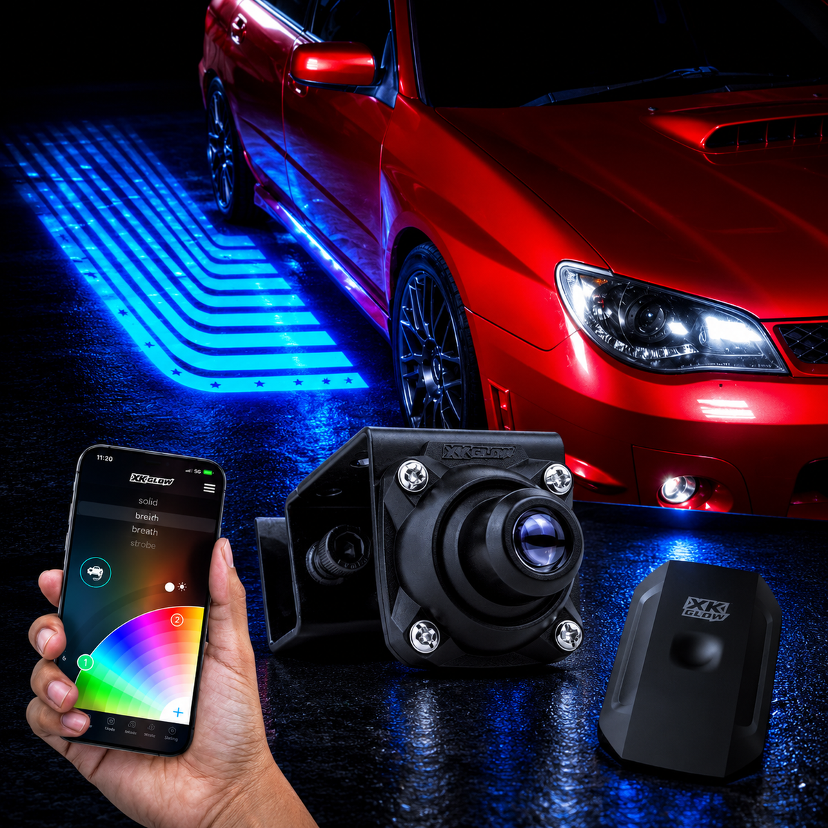 XKGlow CurbFX ground projector lighting up the ground beside a red car