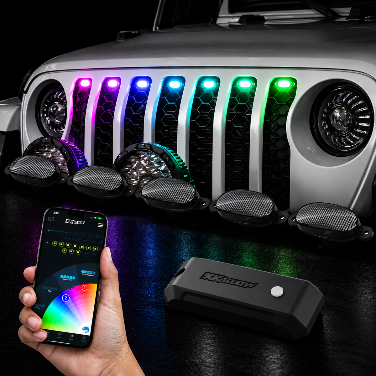 XKGlow XKmax pre-runner grille pods lit up on a 4WD