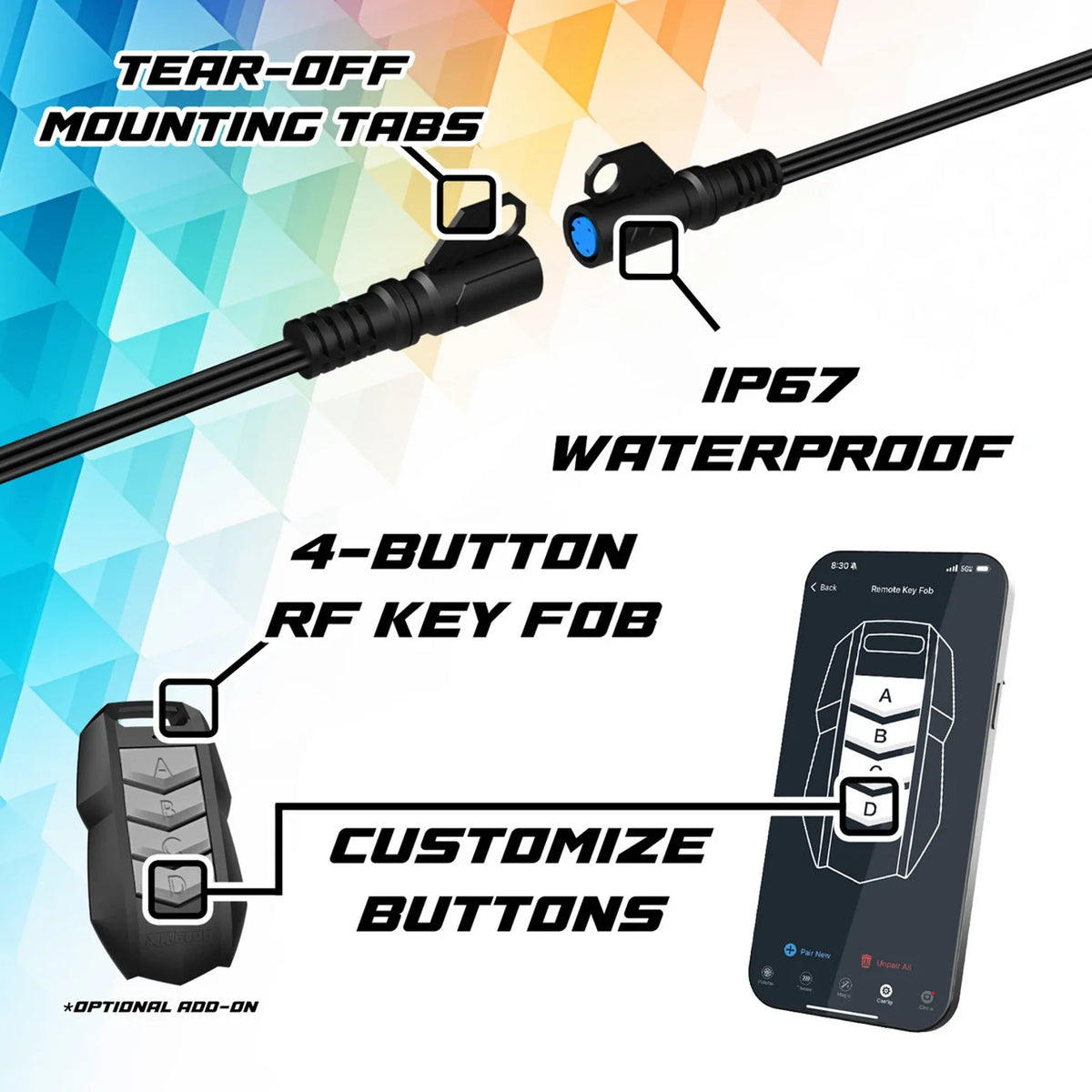 XKGlow XKmax ULTRA RF key fob and mounting tabs